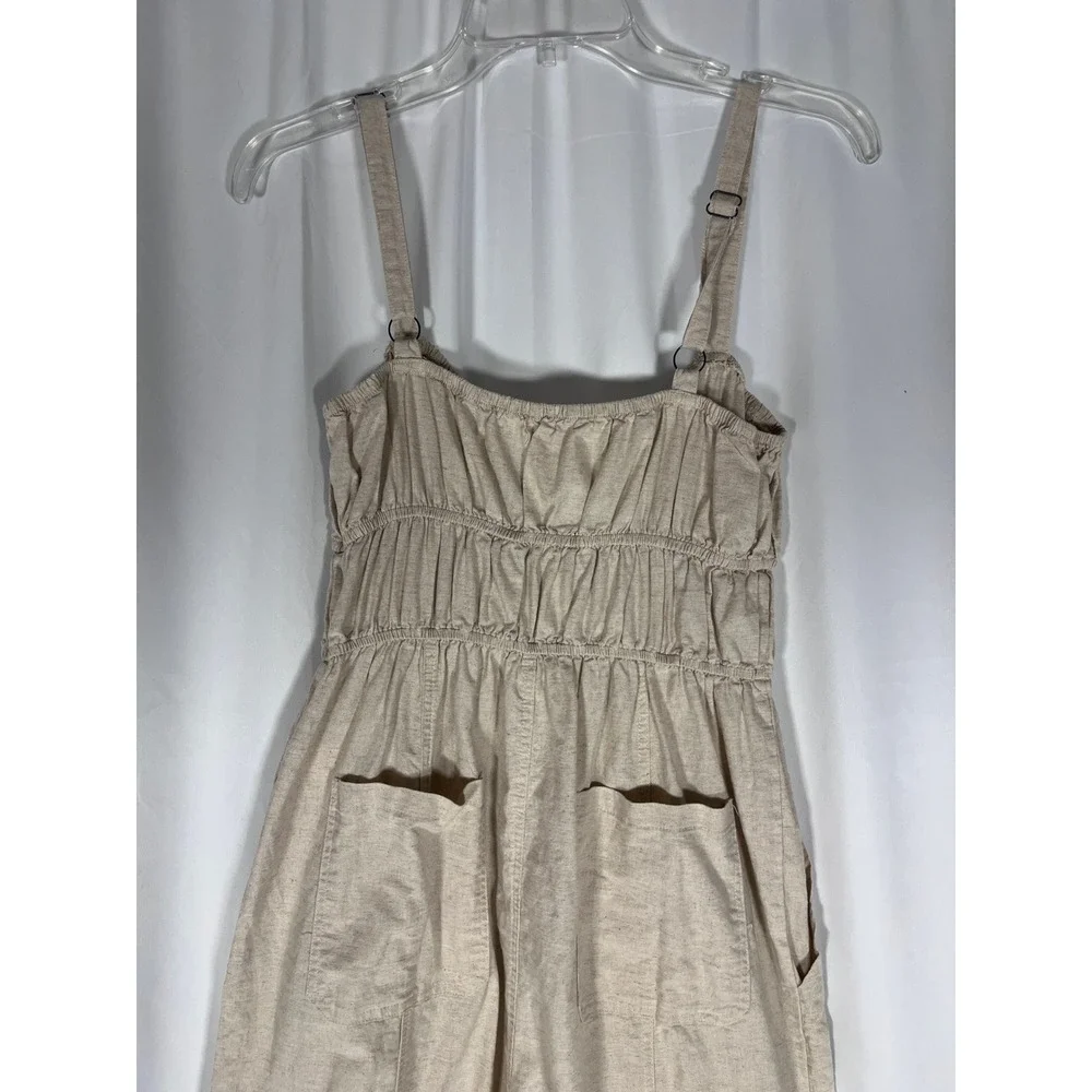 So Me Linen Blend Jumpsuit M Oatmeal Boho Cottagecore Adjustable Straps Pockets